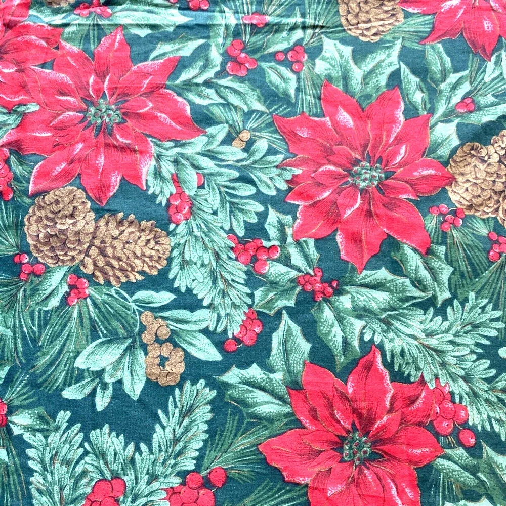 Vintage Christmas tablecloth red green brown poinsettias holly leaves pinecones